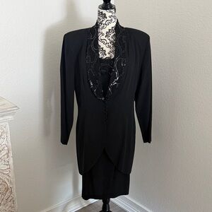 Vintage J.R.Nites by Caliendo Retro 70s Black Beaded Jacket & Dress Set size 14